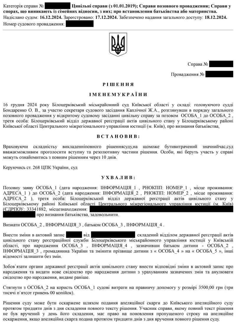 ЮДІС :: Справа про встановлення батьківства #1